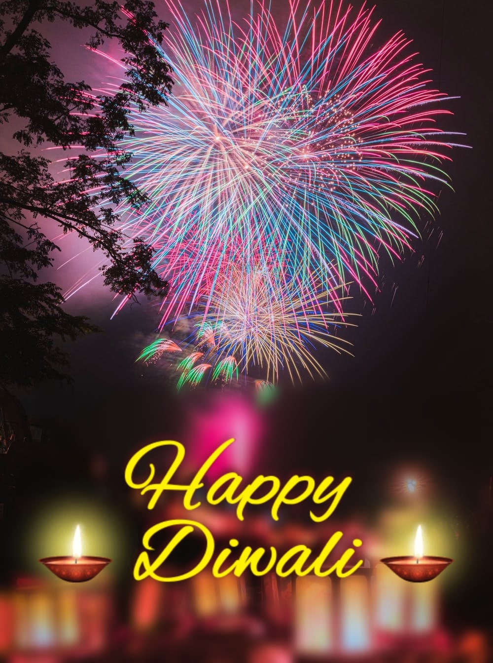 Pink And Blue Red Pataka Light Happy Diwali Image 