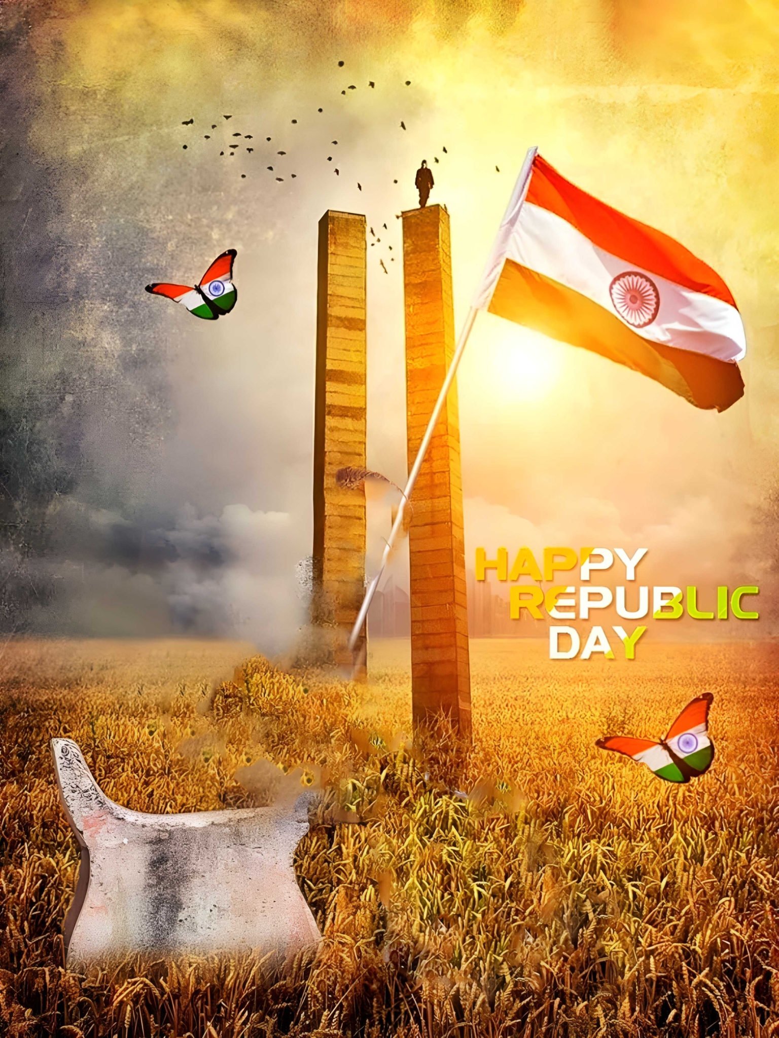 Happy Republic Day Nature Background With Indian Flag